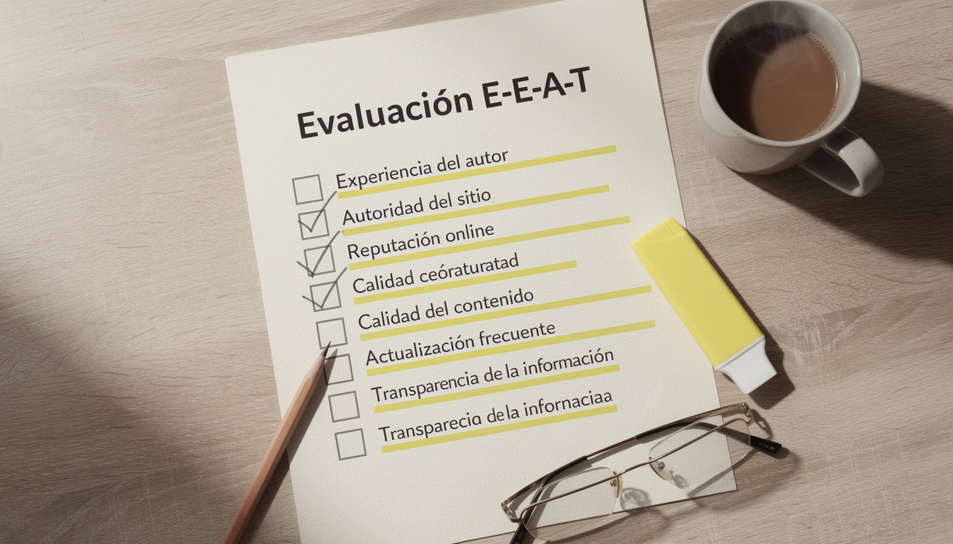 Checklist impreso de evaluación E-E-A-T basado en Quality Rater Guidelines sobre escritorio de madera