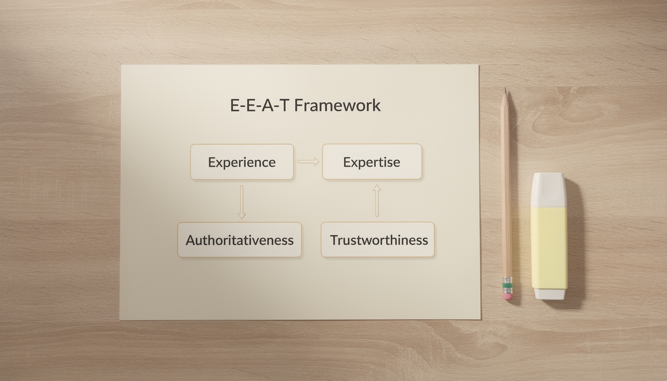 Diagrama visual del framework E-E-A-T de Google con sus cuatro componentes explicados