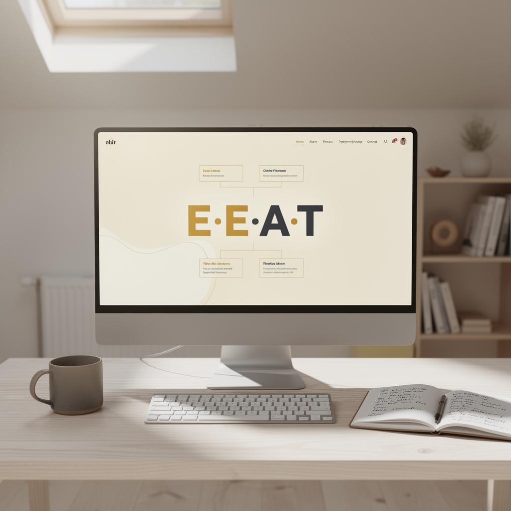 Pantalla mostrando el framework E-E-A-T de Google en un entorno de trabajo moderno
